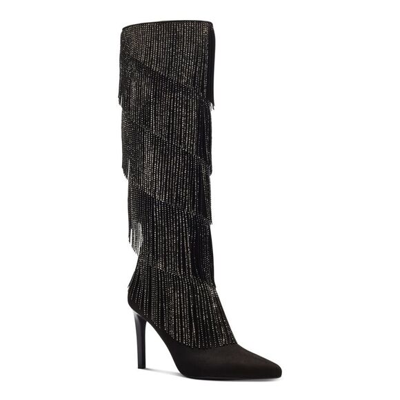 INC Womens Black Fringed Padded Shyn Pointed Toe Stiletto Heeled Boots 11 M